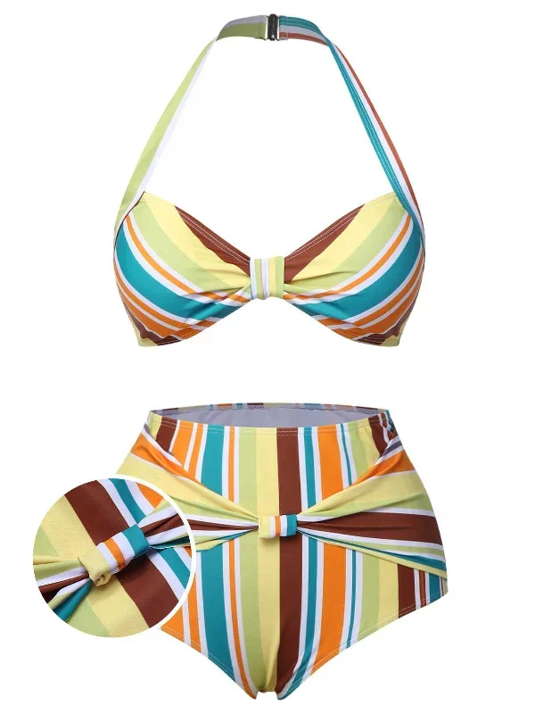 1930s Halter Contrast Stripes Swimsuit