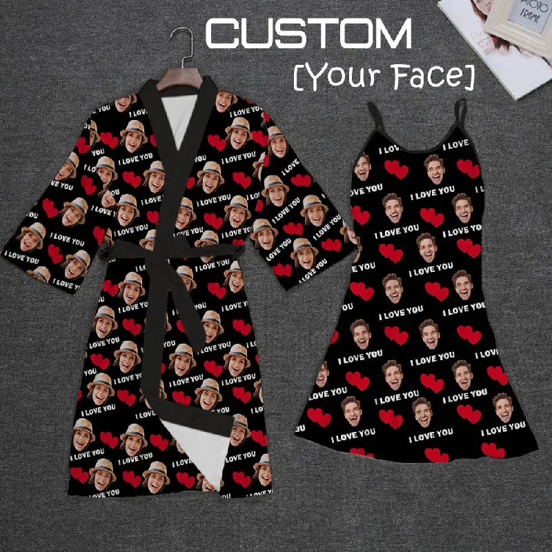 2 Pcs Face Print Pajamas-Custom Face Red Heart I Love You Sleepwear Personalized Women's Bath Robe &Women's Nightgown