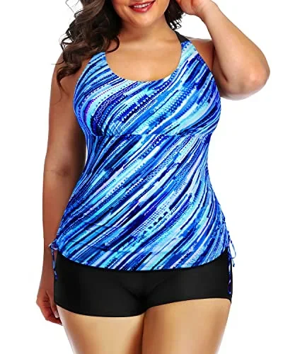 2 Piece Plus Size Swimsuit High Waisted Boyshorts For Women Of All Ages-Blue Stripes