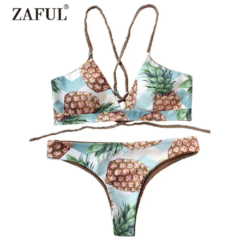 Back Strappy Pineapple Print Bikini Set