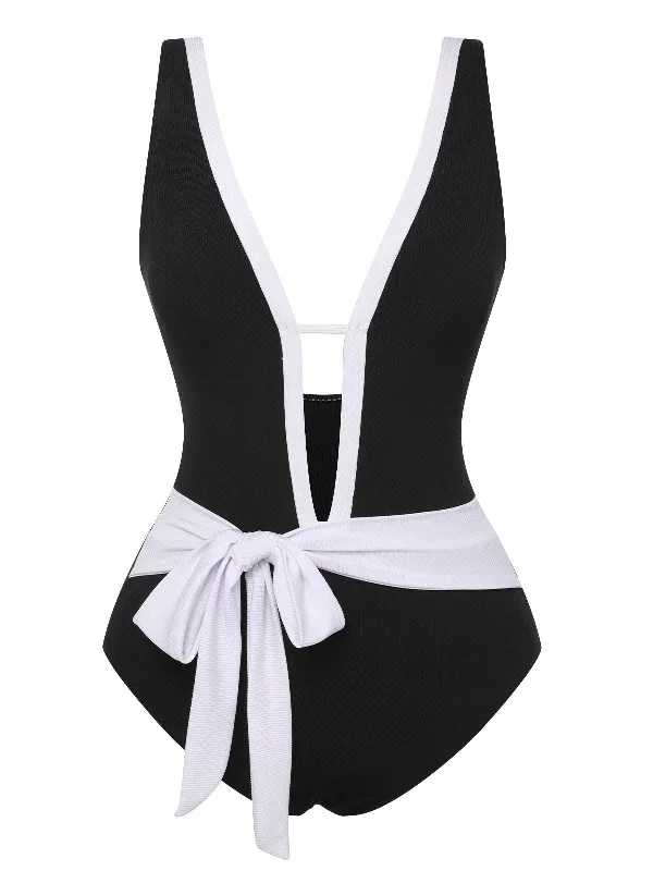 Black 1950s Deep V-Neck Waist Tie Swimsuit