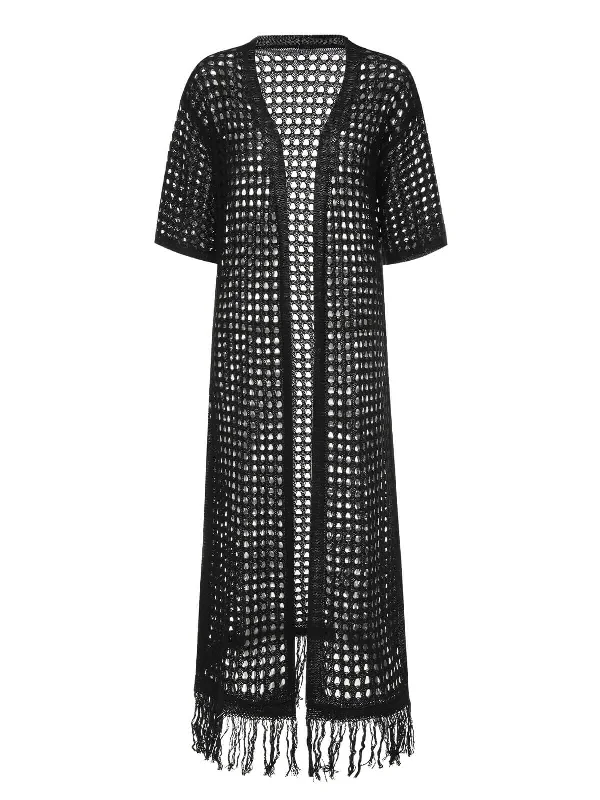 Black 1960s Plaid Hollow Crochet Long Cover-Up