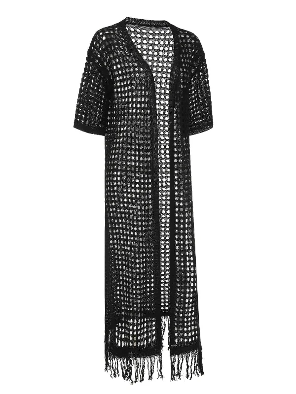 black-1960s-plaid-hollow-crochet-long-cover-up