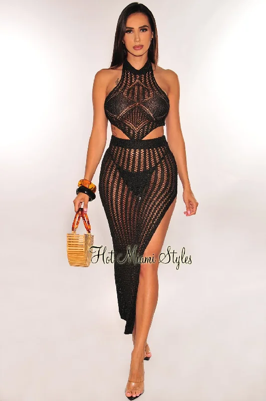 Black Crochet Halter Hanky Tie Up Slit Skirt Cover Up Two Piece Set