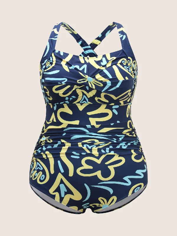 contrast-floral-heart-neckline-twist-front-one-piece-swimsuit