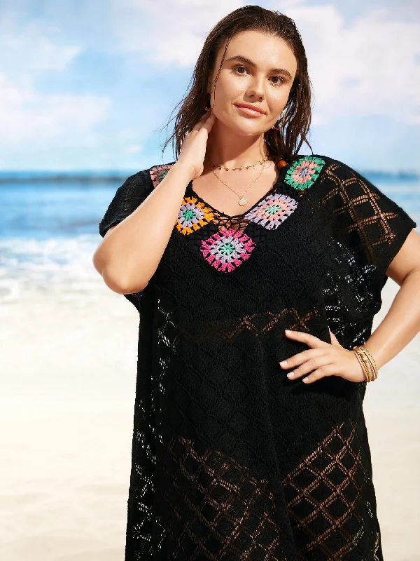 Crochet Floral Split Side Dolman Sleeve Swim Cover Up