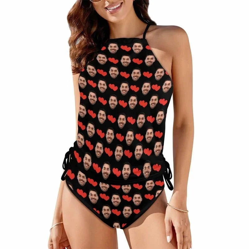 custom-face-love-heart-womens-sexy-halter-tummy-control-swimsuit-tankini-top-sets-fashion-two-piece-bathing-suit-with-tie-side