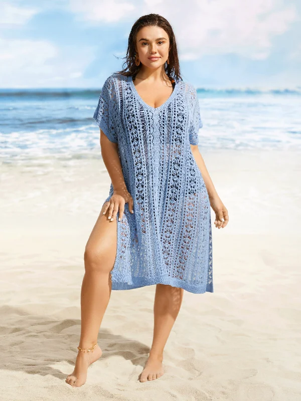 Deep V Neck Pointelle Knit Dolman Sleeve Swim Cover Up