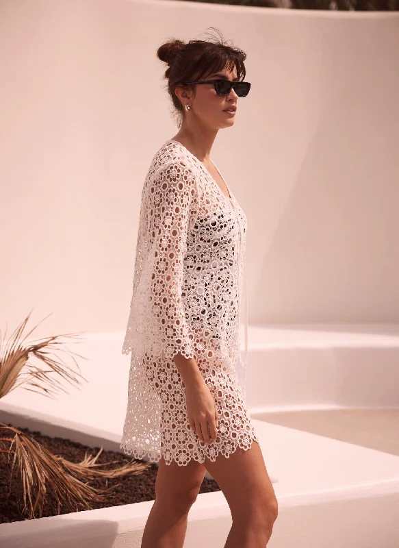 White Floral Lace Mini Dress Cover Up