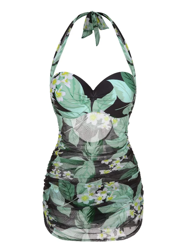 Green 1950s Plants Wrinkles Halter Swimsuit