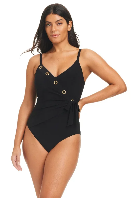 Grommets Front Wrap One-Piece Tummy Control Swimsuit