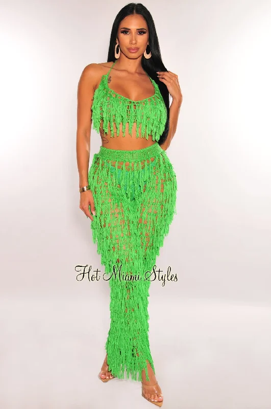 Kelly Green Crochet Halter Fringe Pants Two Piece Set Cover Up