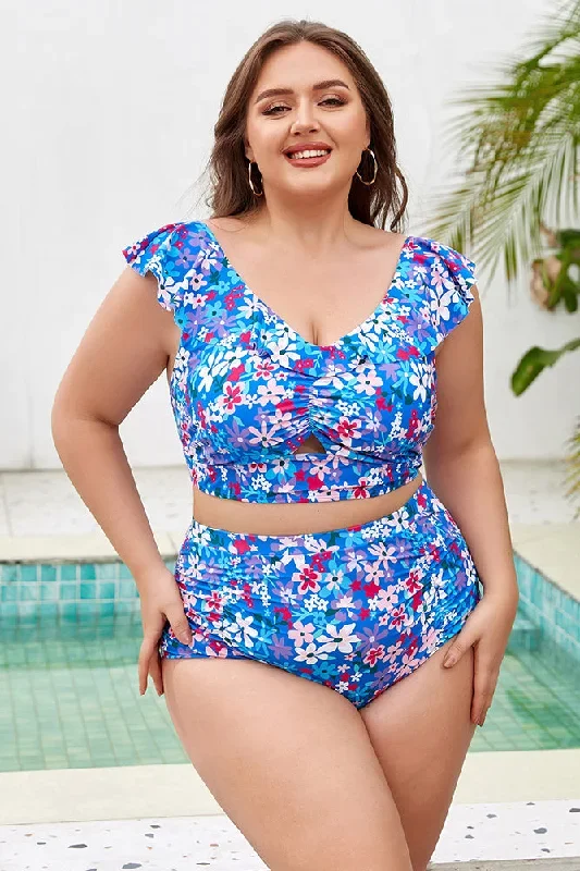 Women Plus Size 2pcs Set Swimsuit Padded V-Neck Swim Tops+Briefs