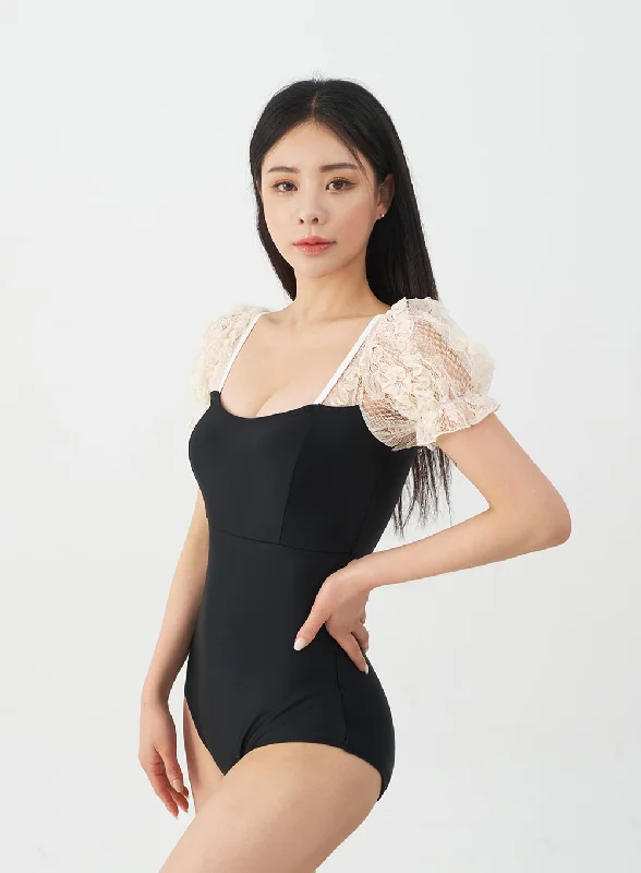 Lacy Shoulder Onepiece Swimsuit and Wrap Skirt Set IJ13