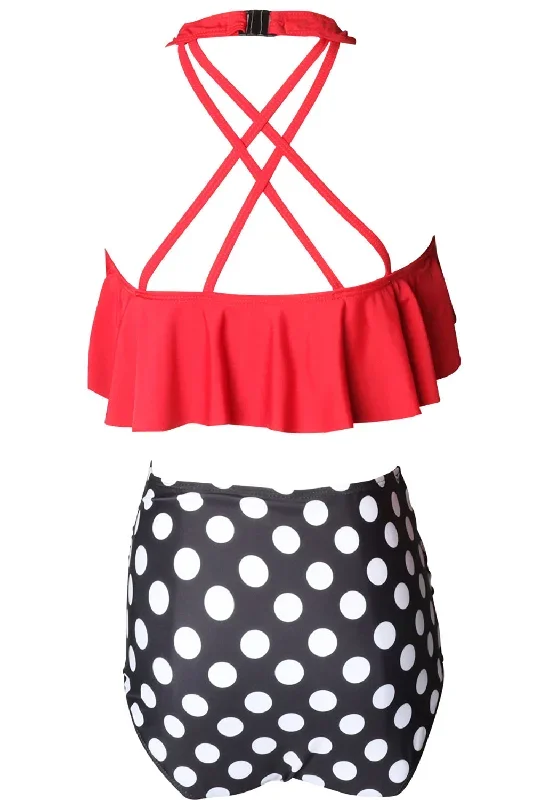 maillot-de-bain-noir-point-blanc-avec-volants