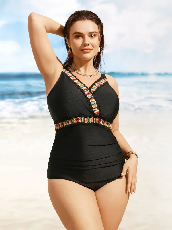 Overlap Collar Contrast Webbing Gathered One Piece Swimsuit