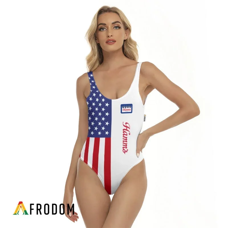 Personalized Hamm's Beer USA Flag Fourth Of July One-piece Swimsuit