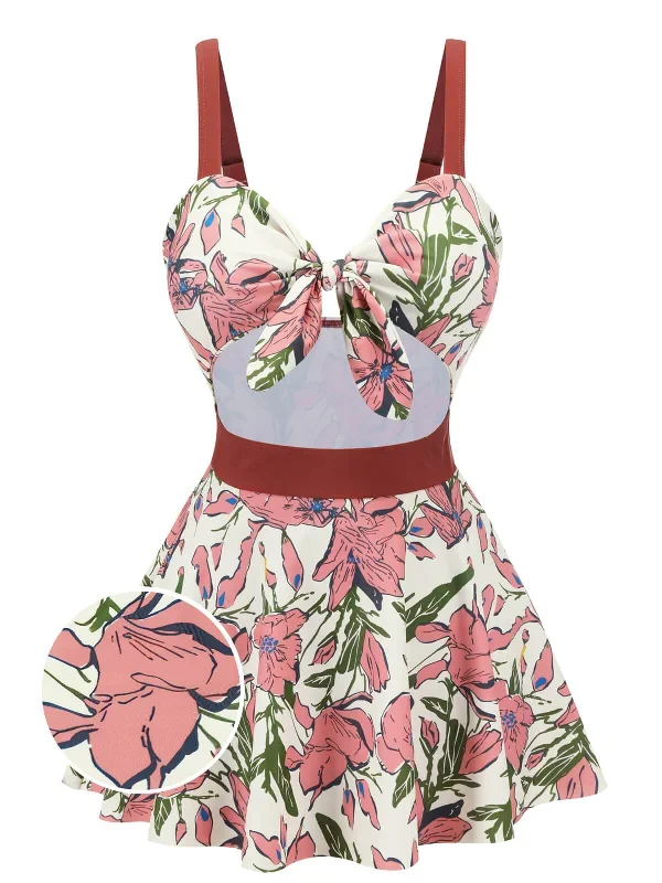 Pink 1940s Floral Strap One-Piece Swimsuit