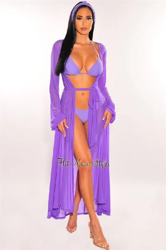 Purple Mesh Long Sleeves Belted Maxi Cover Up