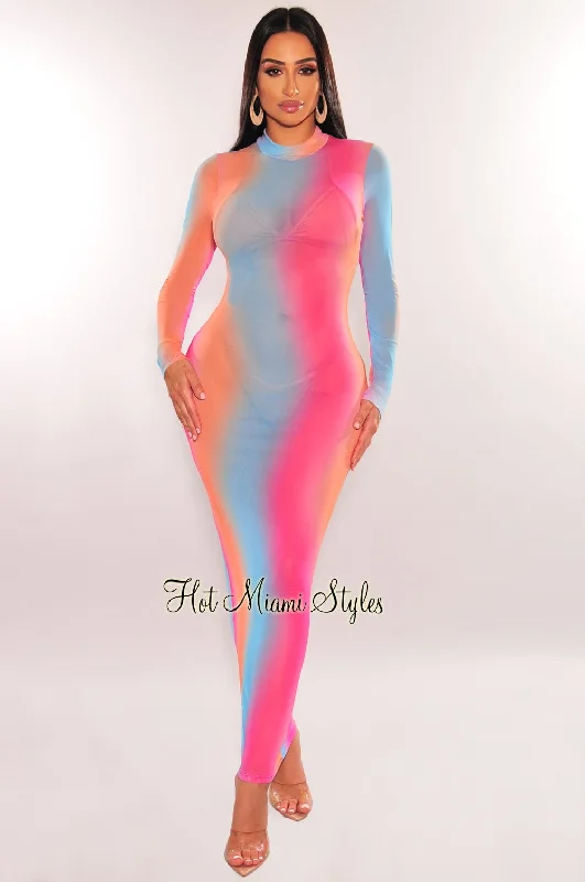 Rainbow Swirl Sheer Mesh Long Sleeve Cover Up Dress