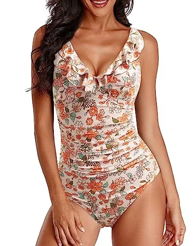 Ruffle One Piecev Neck Swimwear