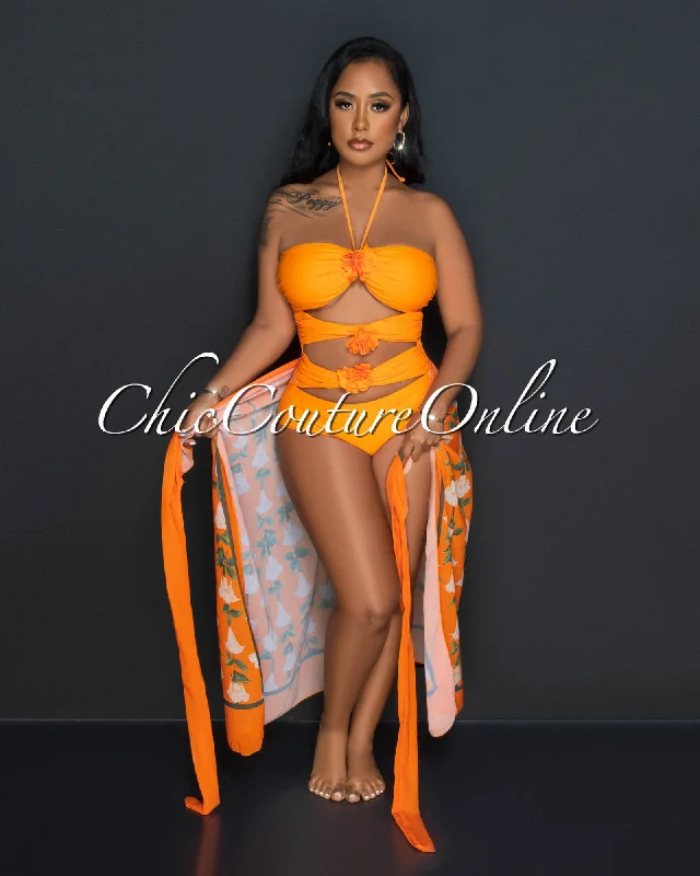 Shea Orange Flower Cut-Out Swimsuit & Cover Up Set