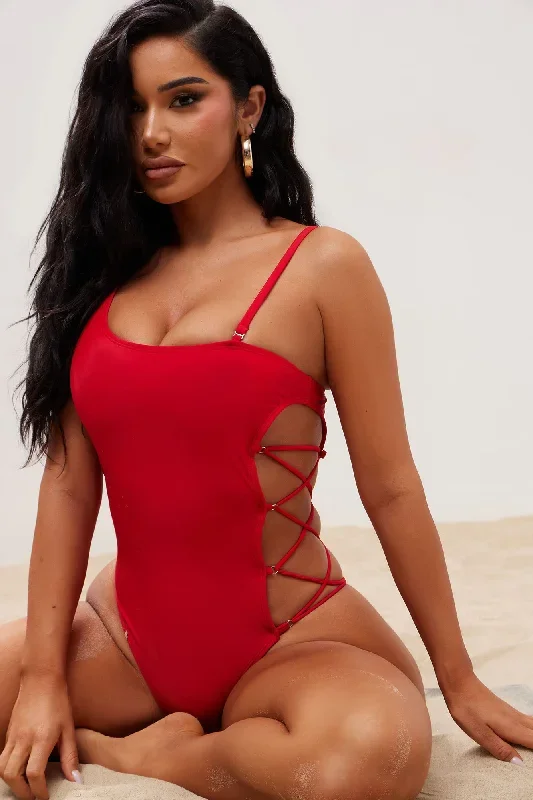 Sunny Side Lace Up Swimsuit - Red