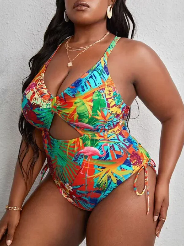 Tropical Pattern Hollow Tie Strap Sexy Bikini