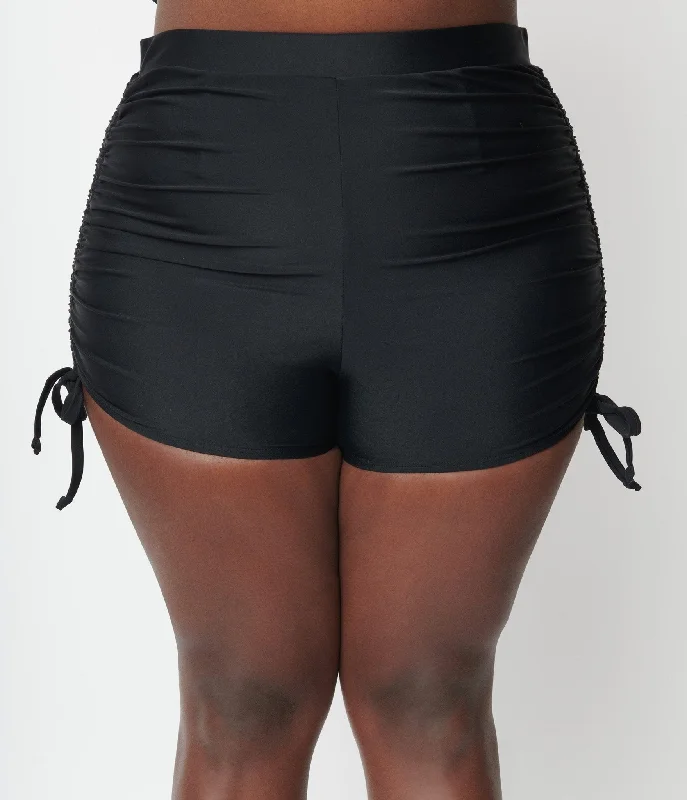 unique-vintage-plus-size-black-high-waist-with-drawstring-side-swim-shorts