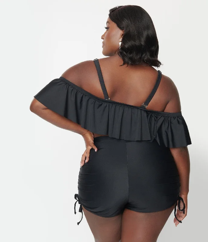 unique-vintage-plus-size-black-high-waist-with-drawstring-side-swim-shorts