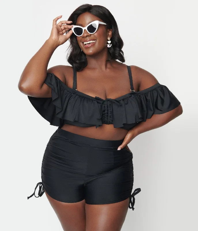 unique-vintage-plus-size-black-high-waist-with-drawstring-side-swim-shorts