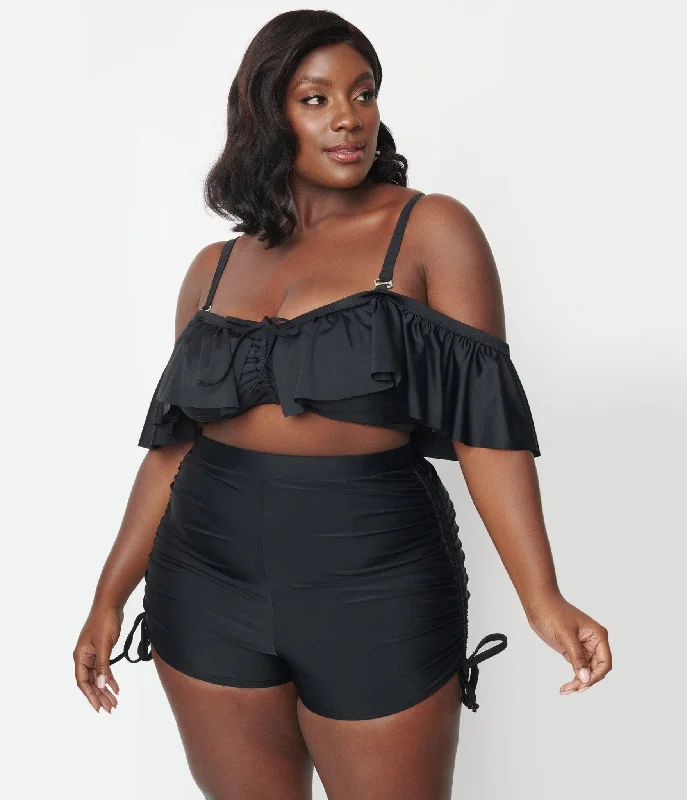 unique-vintage-plus-size-black-high-waist-with-drawstring-side-swim-shorts