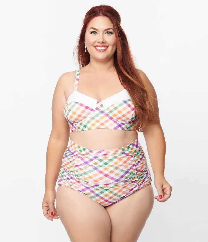 Unique Vintage Plus Size Pastel Madras Gingham Marlene Crop Swim Top