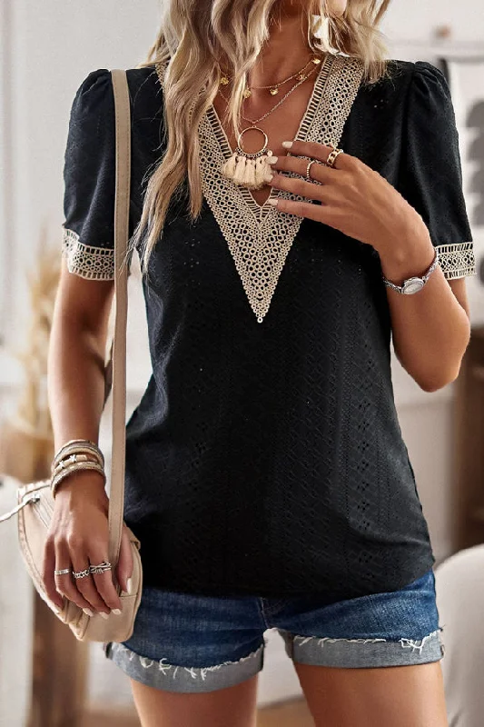 v-neck-patchwork-short-sleeve-casual-tops