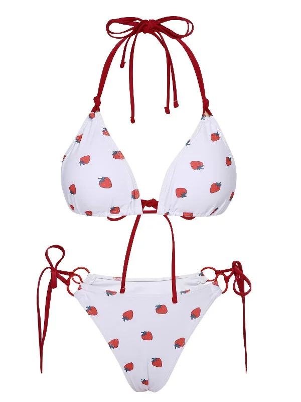 White 1960s Strawberry Lace-Up Halter Bikini Set