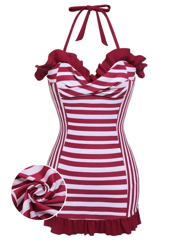 Wine Red 1950s Stripe Heart Collar Swimsuit