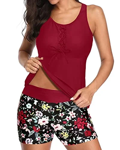 U Neck Two Piece Tankini Bathing Suit With Shorts For Women-Red Floral