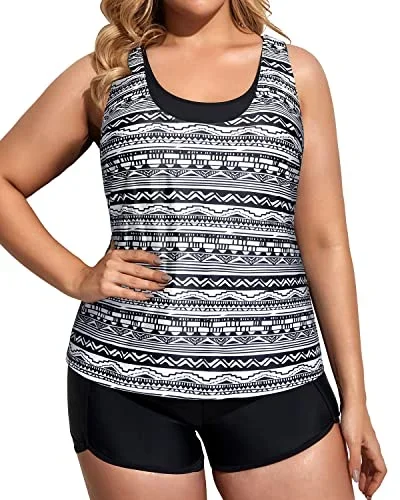 Sporty Plus Size 3 Piece Tankini Swimsuits Athletic Bathing Suits-Black Tribal