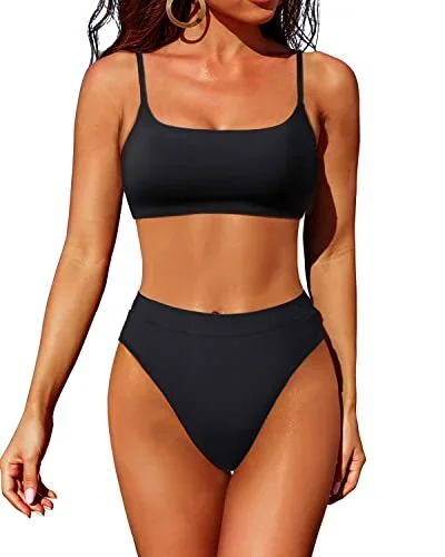 Scoop Neck Women's High Waisted Bathing Suit With High Cut Bottom-Black