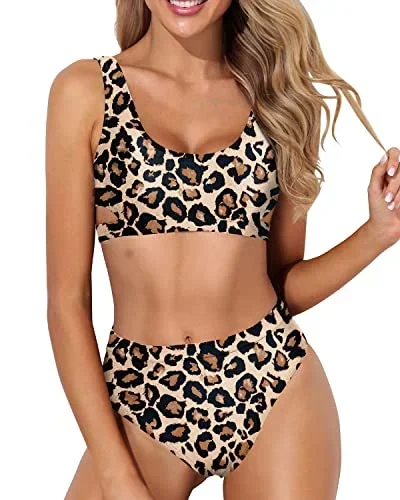 Two Piece Women's High Waisted Bikini Set Sport Swimsuit High Cut Bathing Suit-Leopard