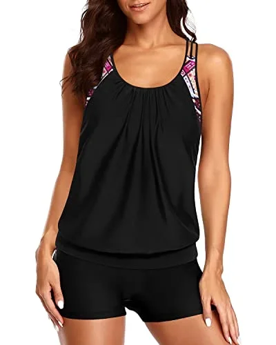 Ladies Layered Design Tankini Tops Long Swim Shorts-Black