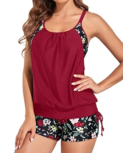 Push Up Women's Blouson Tankini Top With Sporty Boy Shorts-Red Floral