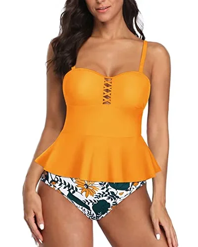 Full Coverage Women's Vintage Style Two Piece Tankini Swimsuits-Yellow Floral