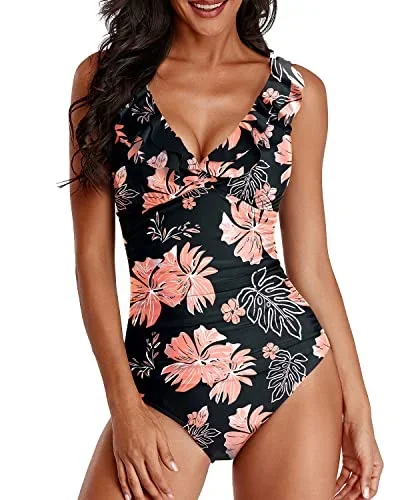 Ruffle V Neck Tummy Control One Piece Swimsuit-Black Orange Floral