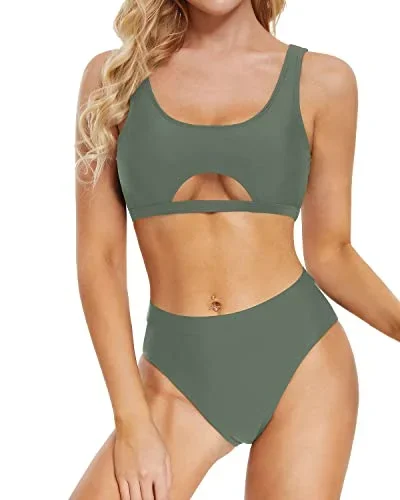 Underboob High Waisted Two Piece Bikini Set For Women-Army Green