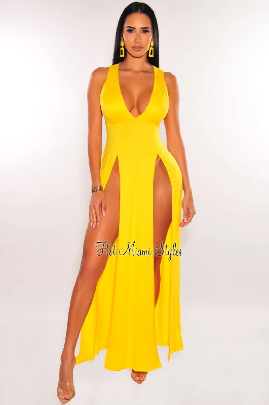 Yellow Sleeveless V Neck Double Slit Cover Up Maxi Dress